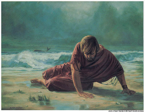 Drawing of Jonah washing up on the shore line.