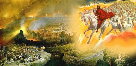The Messiah in a red robe riding a white horse coming in the clouds with thousands of angels behind HIM