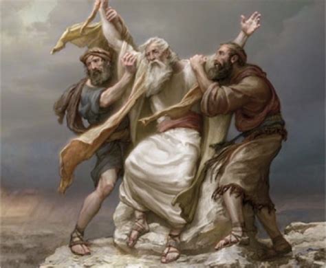 A painting of Aaron and Hur holding up Moses' arms during the battle with the Amalekites.
