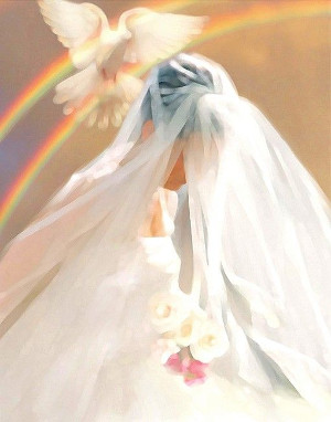 A woman in a white wedding dress with a winged dove above her head and a rainbow in the background.