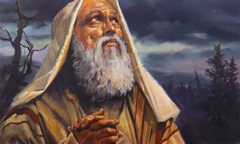 An old man portraing Enoch looking skyward and set on a dark cloudy background.