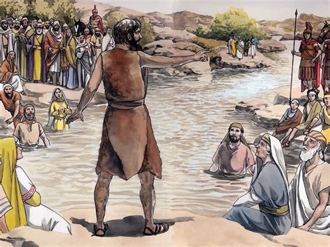 A characture of a bearded man in first century garb preaching to people at a river.