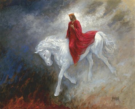 Yahusha in a red robe on a white horse coming in the clouds.
