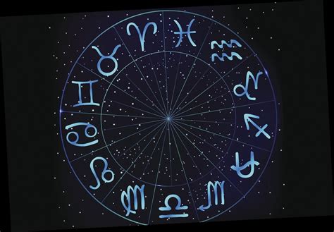 An image of the zodiac symbols in light blue, arranged in a circle on a black background filled with stars.