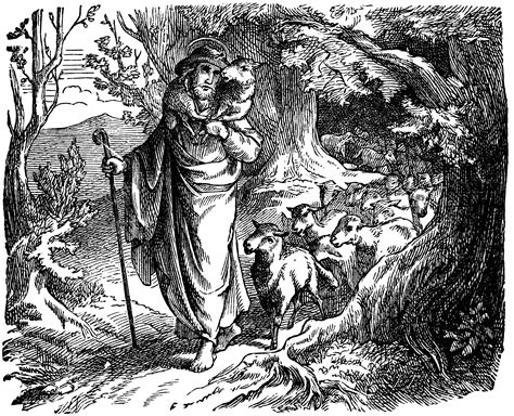 An artistic etching of a shepard guiding his sheep