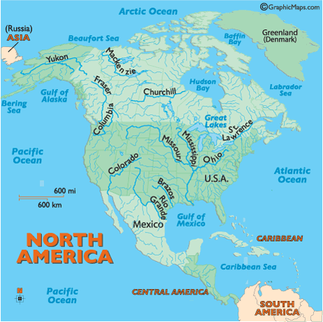 Map of major rivers in North America.