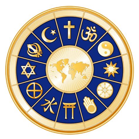 A symbol with all the religions of the world in a symbol around a golden globe of the earth.