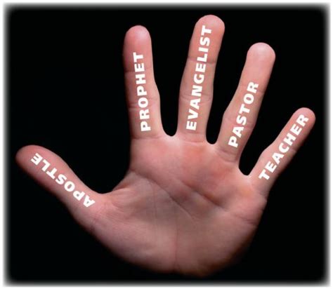 A hand with the words to the five fold ministry on each finger.